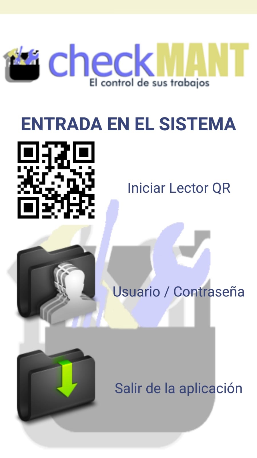 CheckMant: entrada en el sistema con QR, usuario y salir