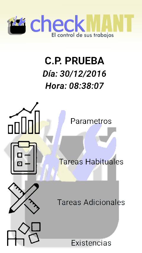 CheckMant: menú principal con tareas habituales, adicionales y existencias