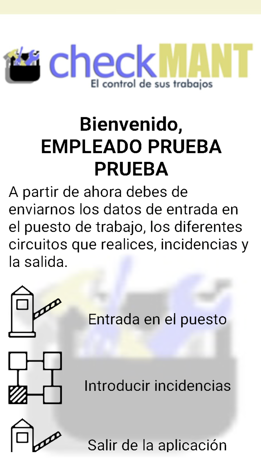 CheckMant: pantalla de bienvenida al empleado